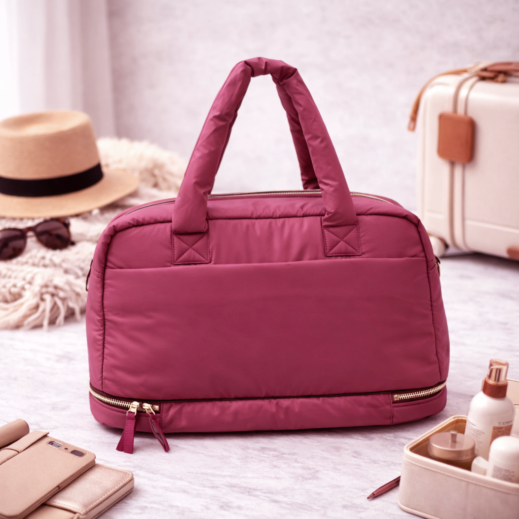 Puffer Overnighter Unisex Burgundy Duffle Bag