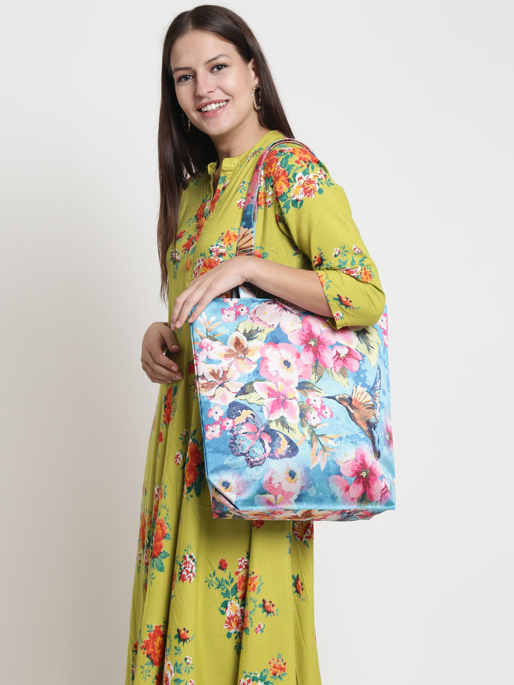 Tropical Bloom Butterfly Tote - Artistic Floral Print Shoulder Bag with Birds & Butterflies on Sky Blue Canvas