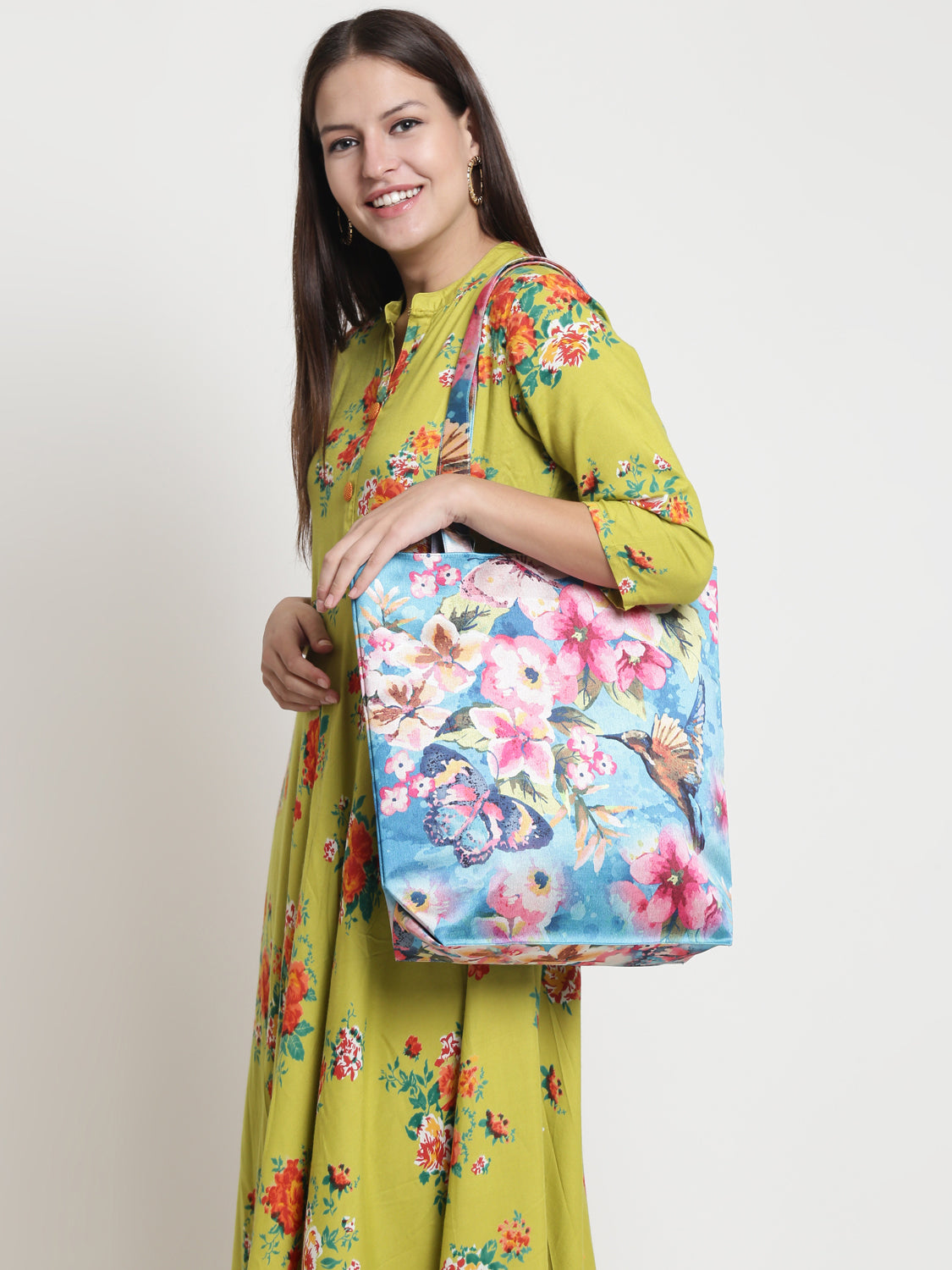 Tropical Bloom Butterfly Tote - Artistic Floral Print Shoulder Bag with Birds & Butterflies on Sky Blue Canvas