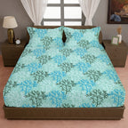 Aqua Meadow Breeze Cotton Blended Cotton Double Queen Bedsheet with 2 Pillow Covers - Nature-Inspired Botanical Print (90x100 inches)