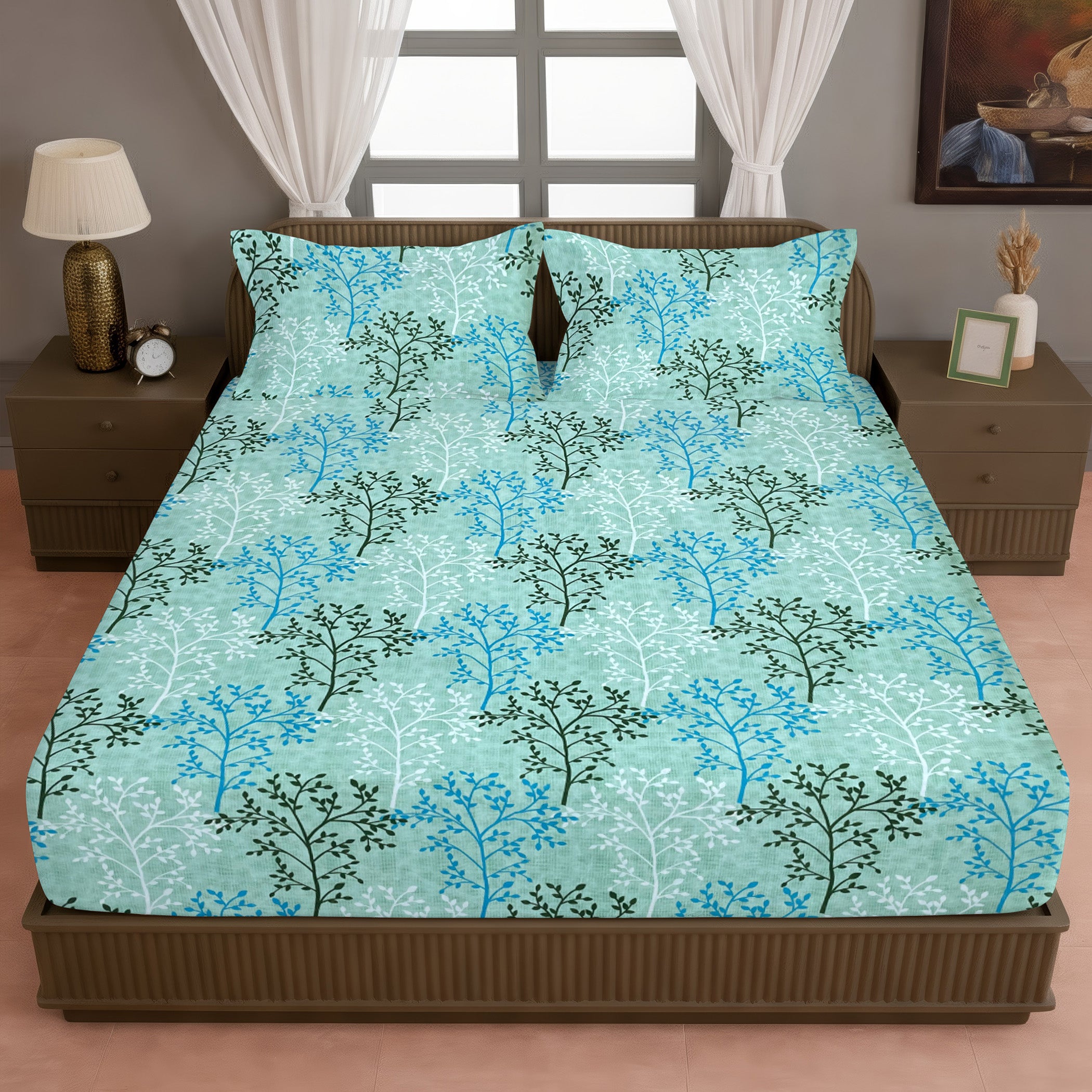 Aqua Meadow Breeze Cotton Blended Cotton Double Queen Bedsheet with 2 Pillow Covers - Nature-Inspired Botanical Print (90x100 inches)