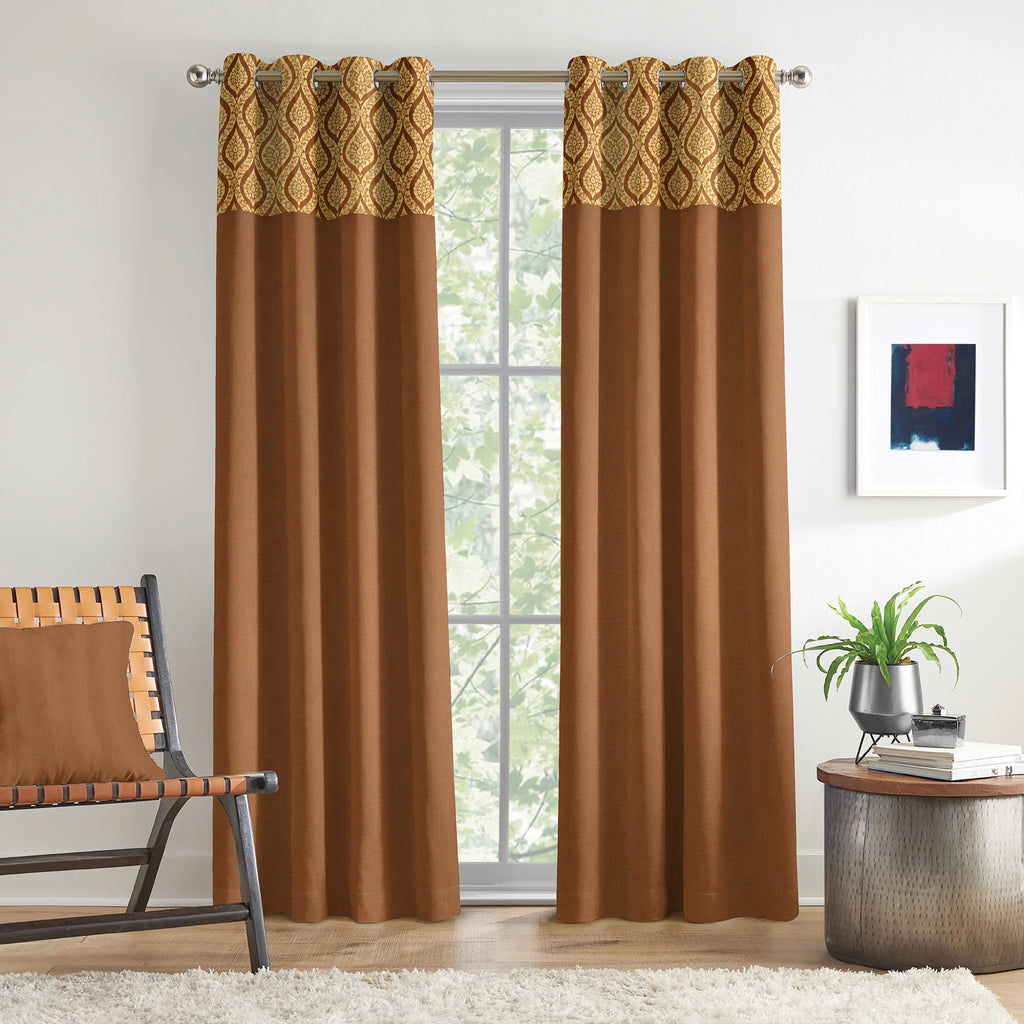 Mustard Ornamental Border 250 GSM Polyester 100% Blackout Eyelet Curtain