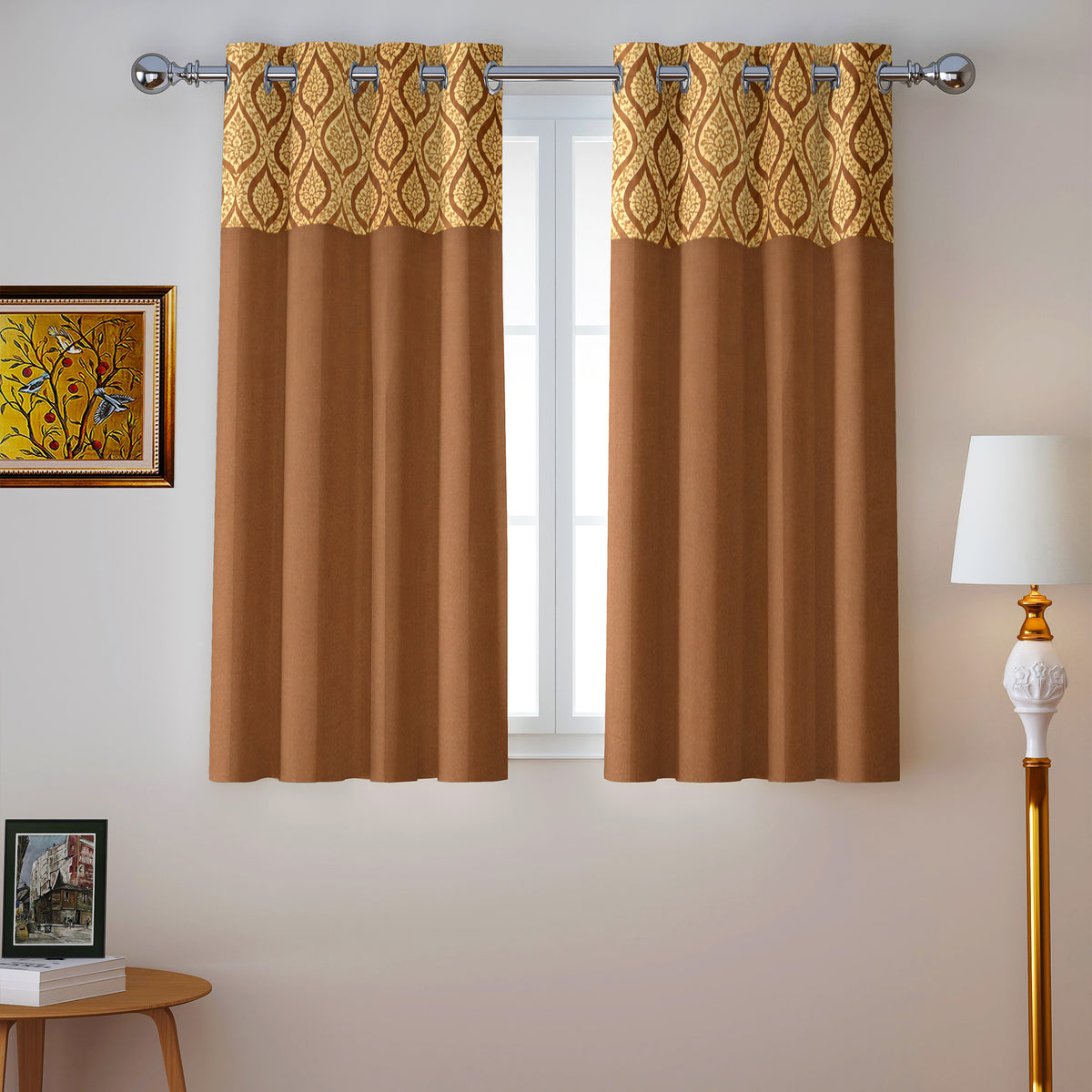 Mustard Ornamental Border 250 GSM Polyester 100% Blackout Eyelet Curtain