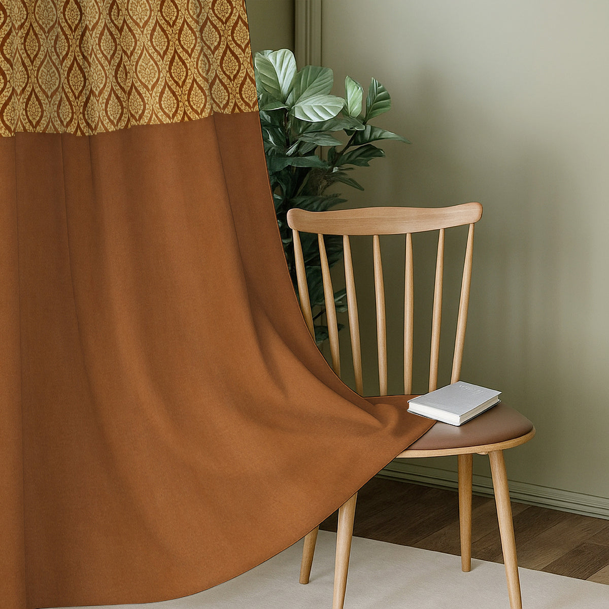 Mustard Ornamental Border 250 GSM Polyester 100% Blackout Eyelet Curtain