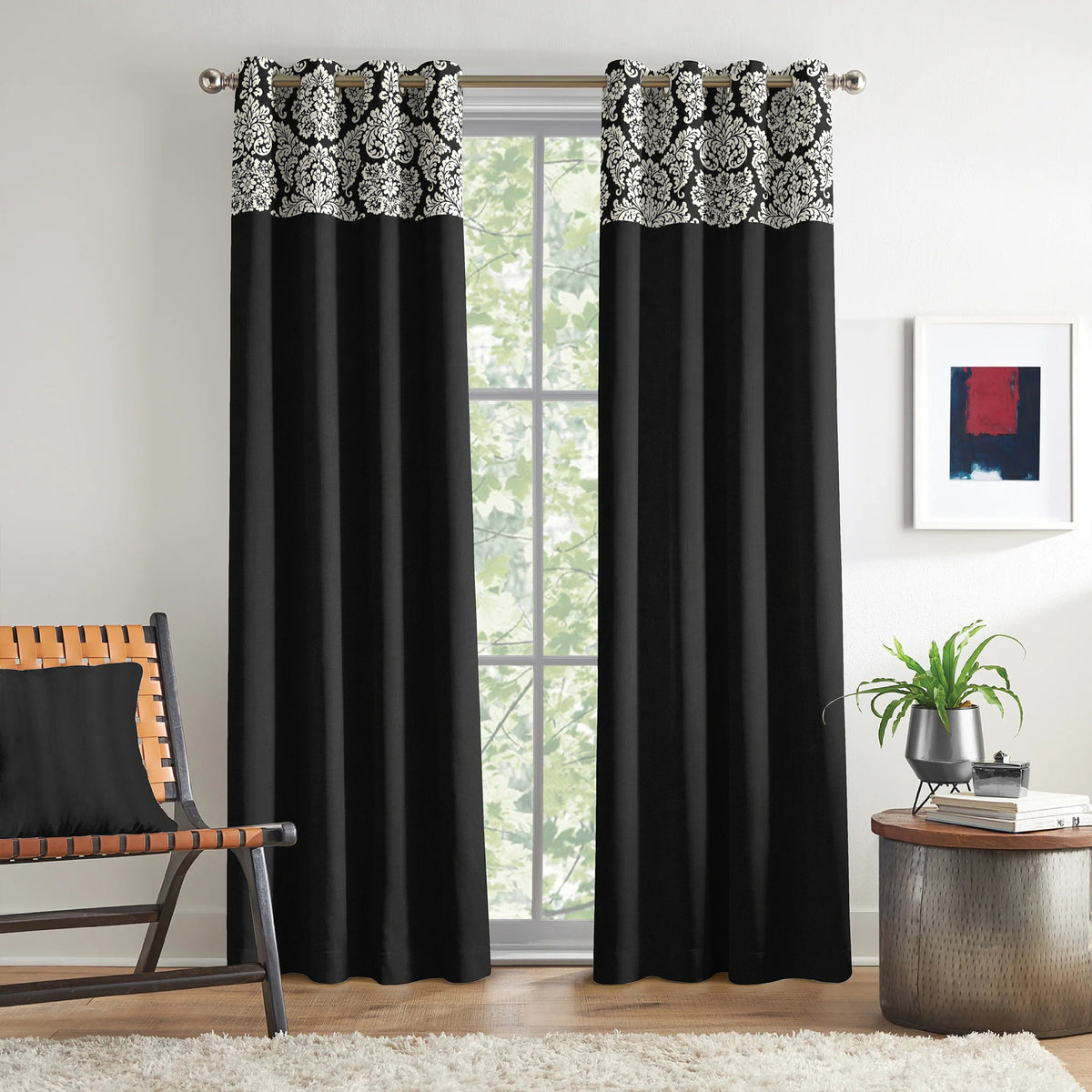 Black Ornamental Floral Border 250 GSM Polyester 100% Blackout Eyelet Curtain