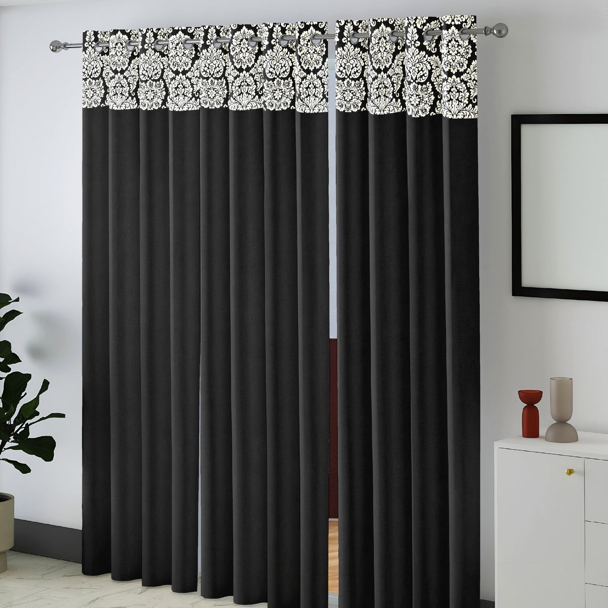Black Ornamental Floral Border 250 GSM Polyester 100% Blackout Eyelet Curtain