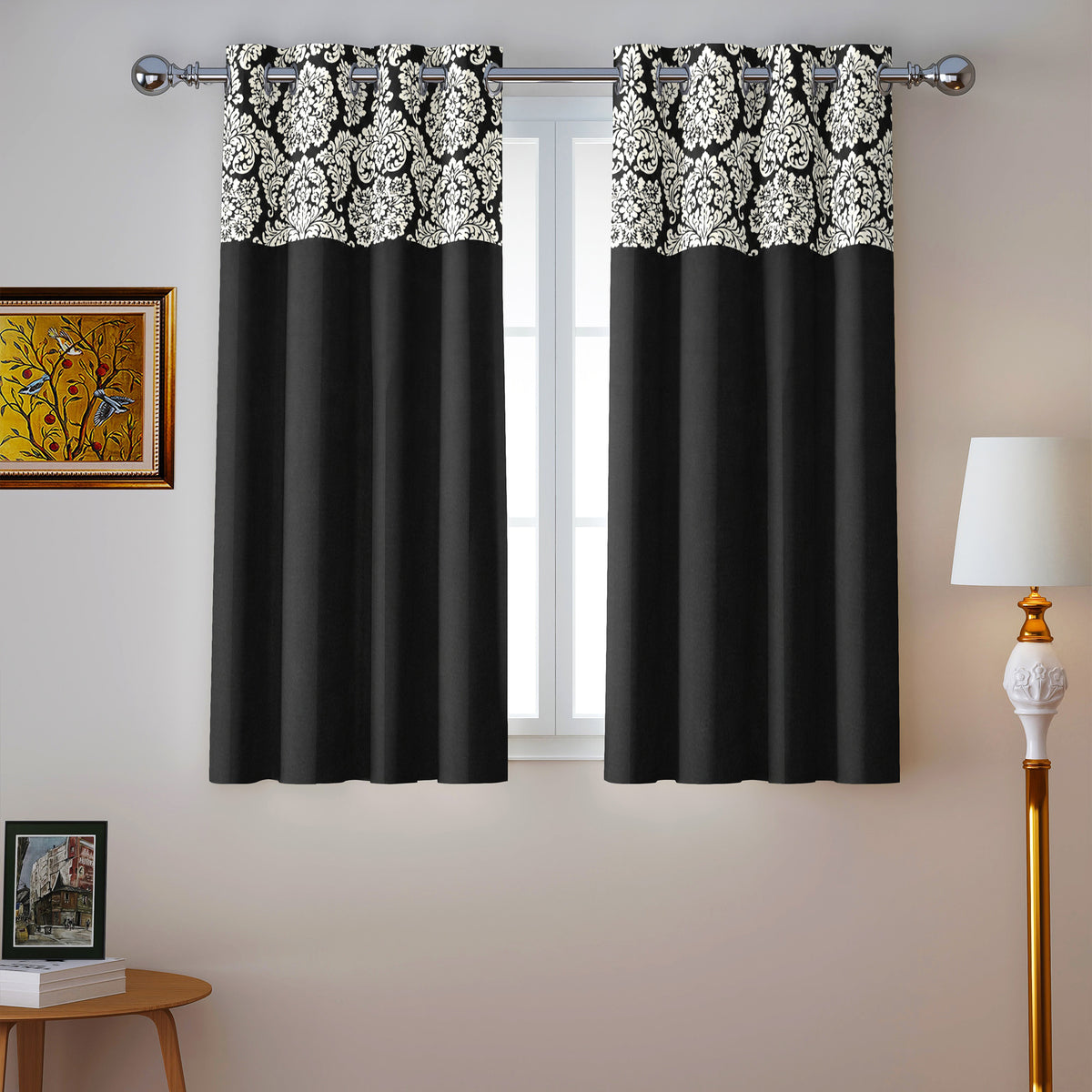 Black Ornamental Floral Border 250 GSM Polyester 100% Blackout Eyelet Curtain