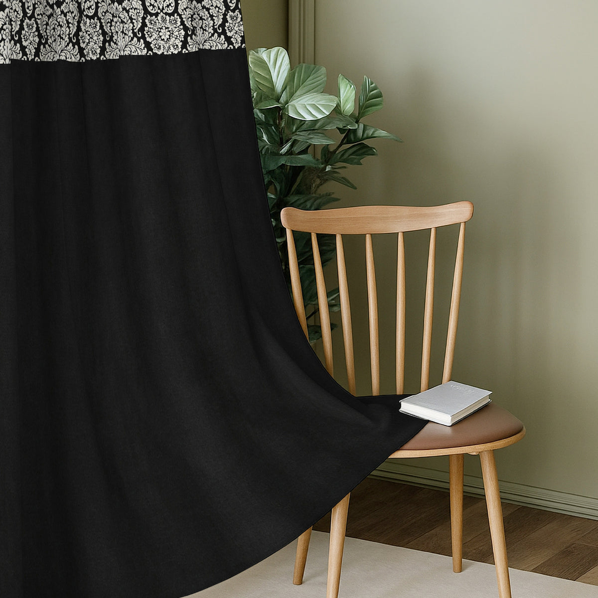 Black Ornamental Floral Border 250 GSM Polyester 100% Blackout Eyelet Curtain