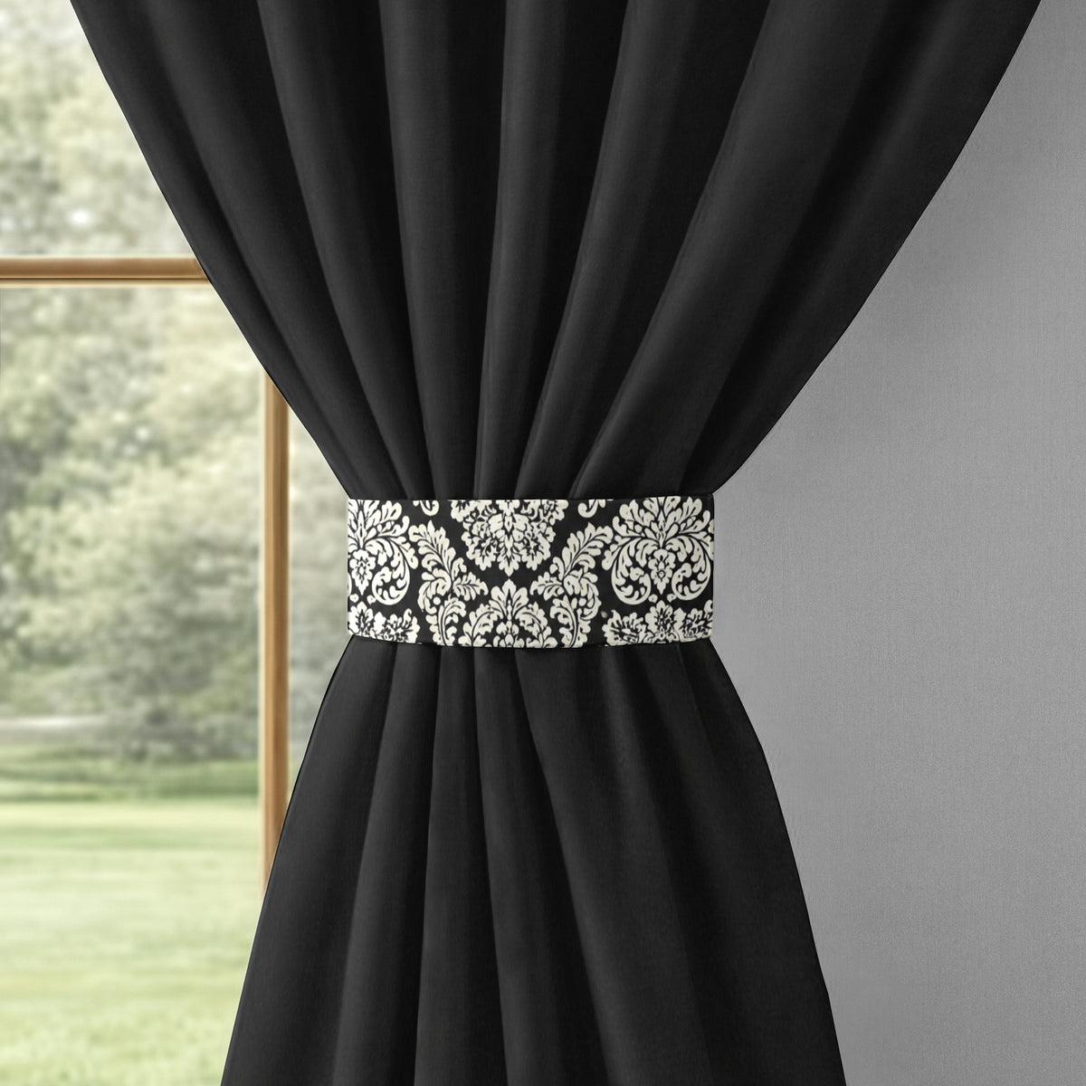 Black Ornamental Floral Border 250 GSM Polyester 100% Blackout Eyelet Curtain