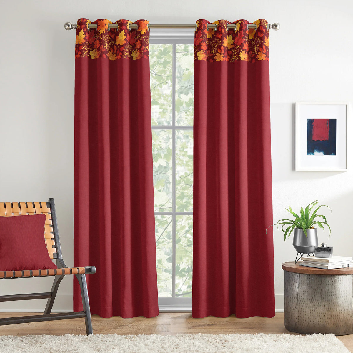 Burgundy Floral Border 250 GSM Polyester 100% Blackout Eyelet Curtain