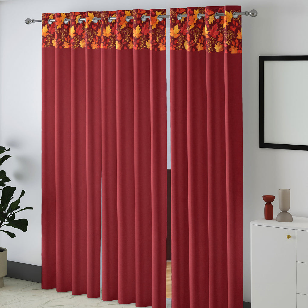 Burgundy Floral Border 250 GSM Polyester 100% Blackout Eyelet Curtain