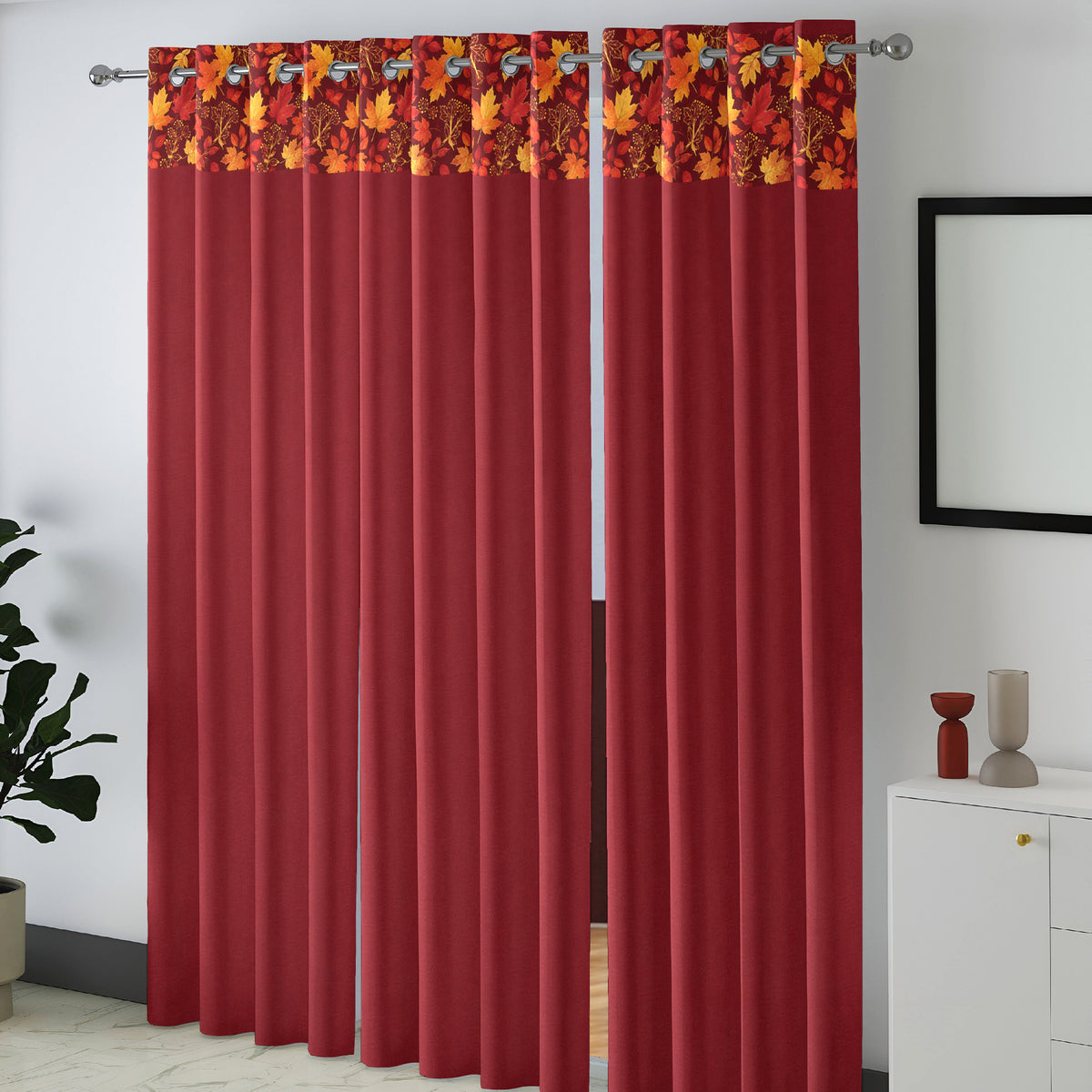Burgundy Floral Border 250 GSM Polyester 100% Blackout Eyelet Curtain