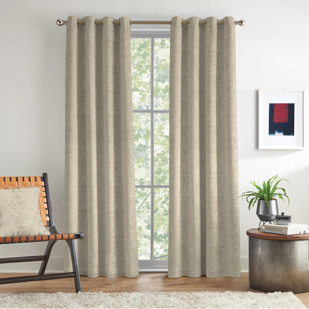 Beige Tonal Leaf Trails 250 GSM Polyester 100% Blackout Eyelet Curtain