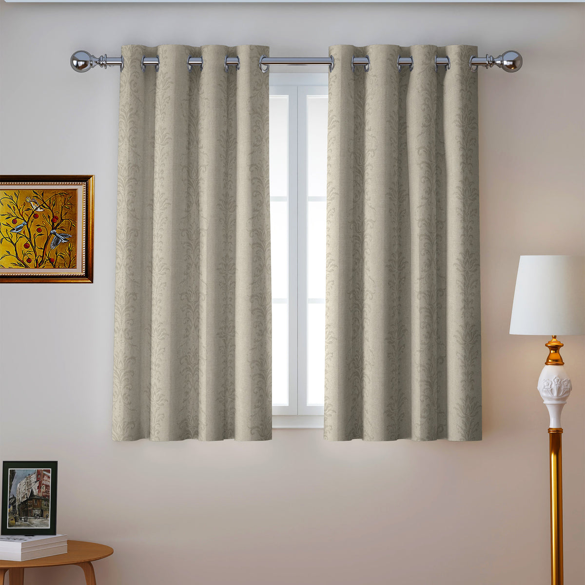 Beige Tonal Leaf Trails 250 GSM Polyester 100% Blackout Eyelet Curtain