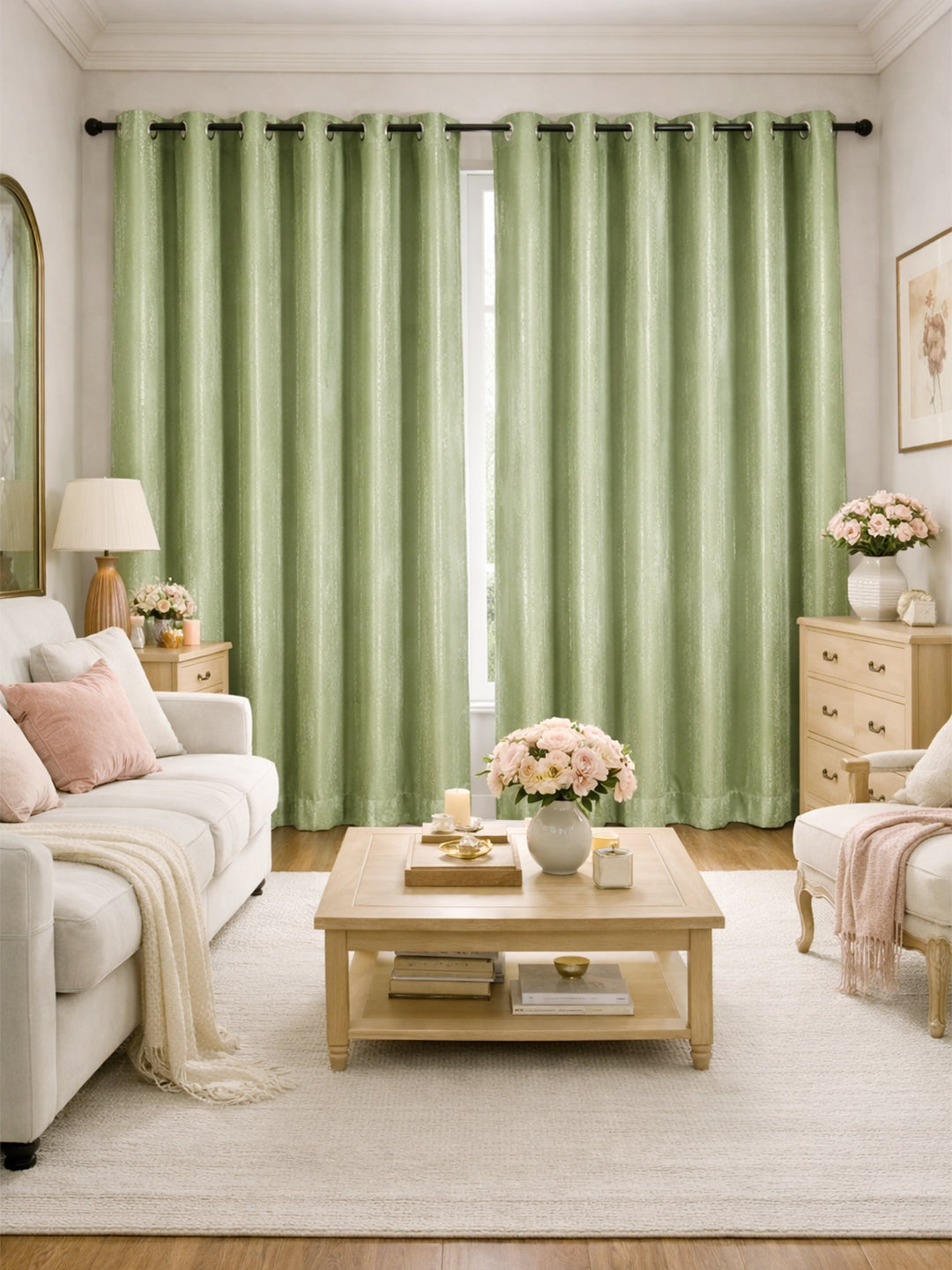 Jacquard Damask Mint Green Door Curtains – Set of 2