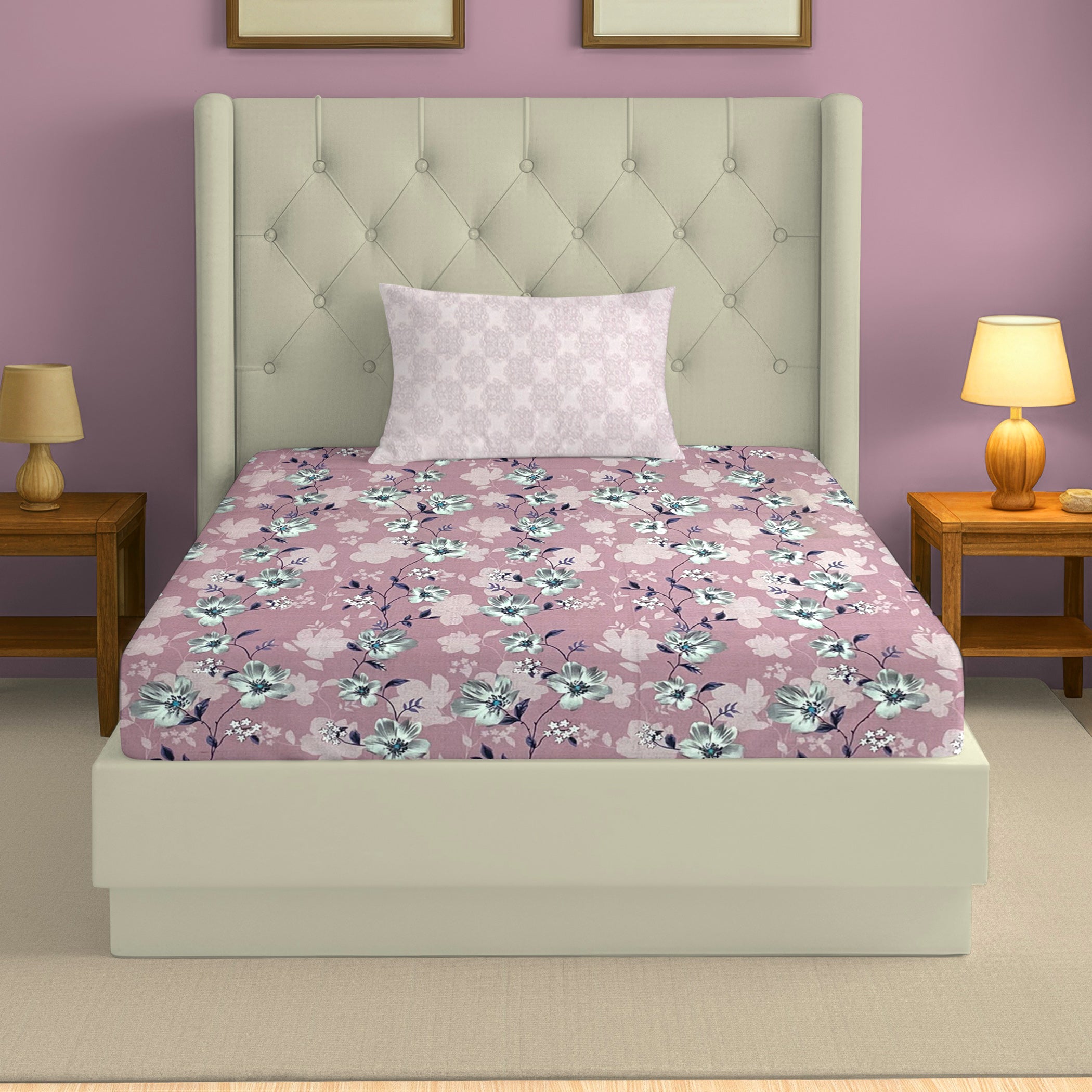 Pink Floral Single Bedsheet with 2 Pillow Covers 144TC - Soft & Elegant Print (60x90 inches)