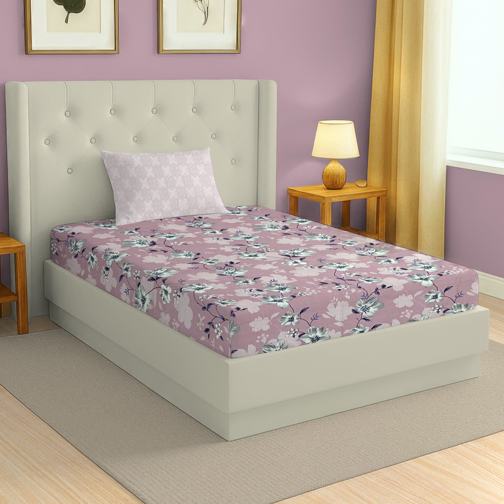 Pink Floral Single Bedsheet with 2 Pillow Covers 144TC - Soft & Elegant Print (60x90 inches)
