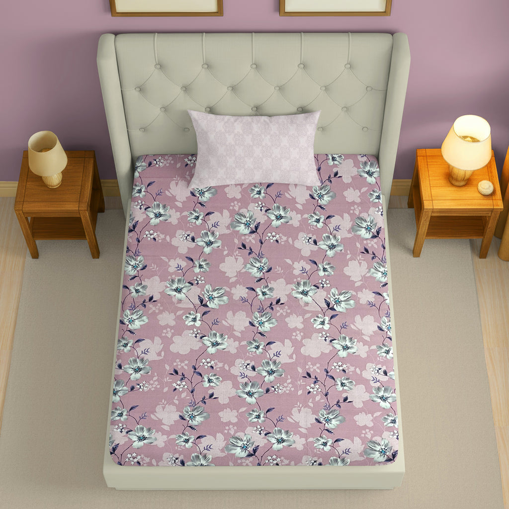 Pink Floral Single Bedsheet with 2 Pillow Covers 144TC - Soft & Elegant Print (60x90 inches)