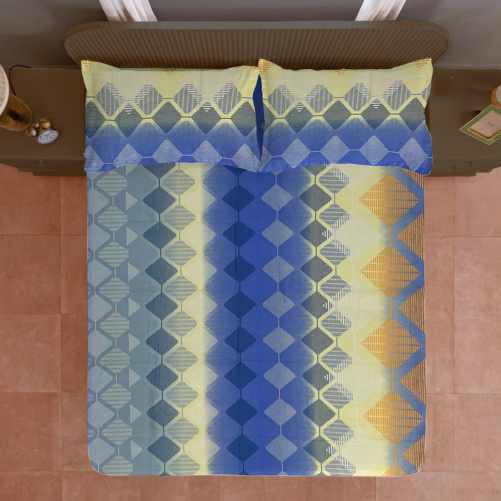 Blue & Beige Geometric King Fitted Bedsheet with 2 Pillow Covers 144TC (72x78x10 inches)