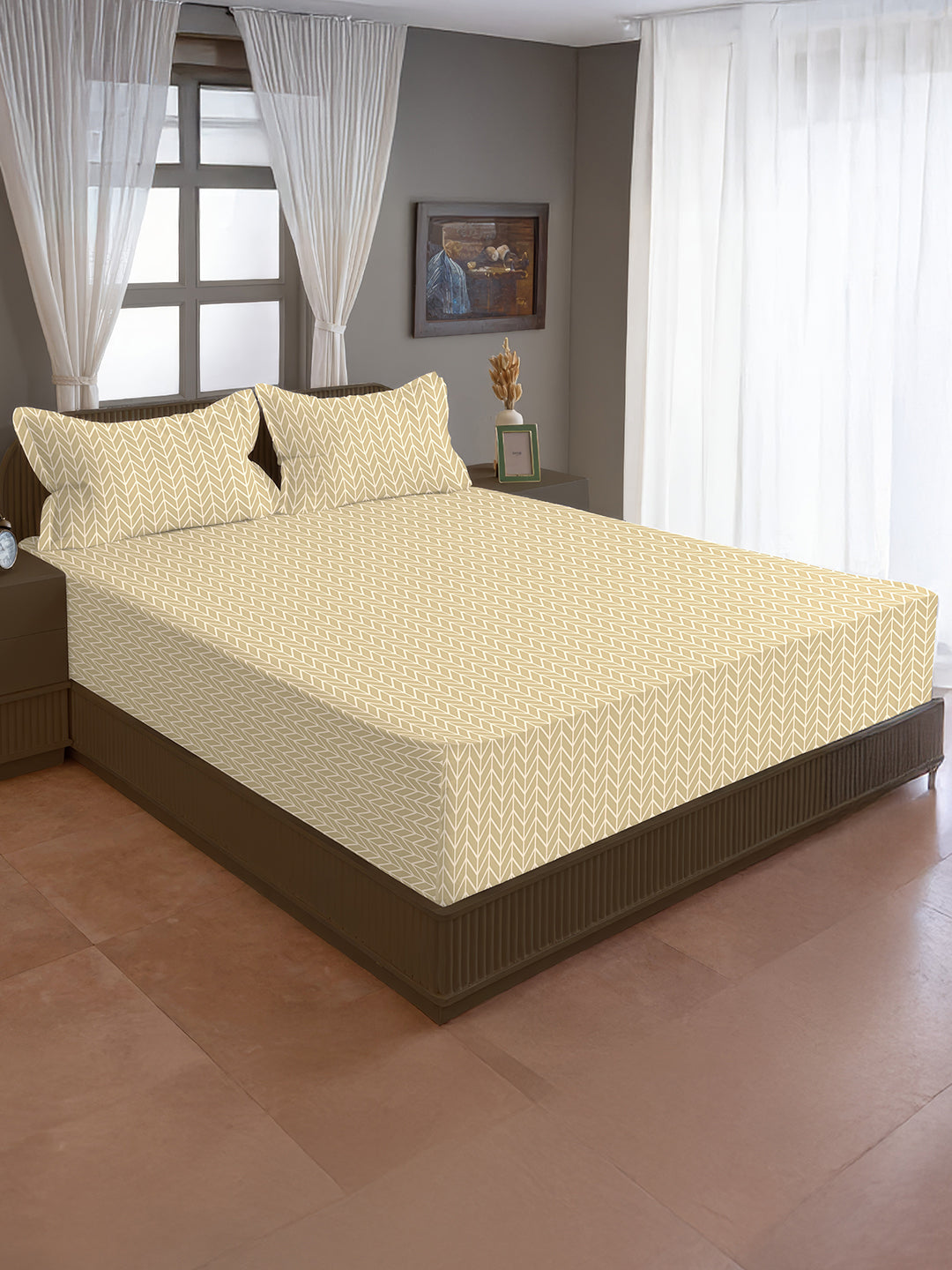 Beige Chevron King Fitted Bedsheet with 2 Pillow Covers - Minimal Everyday Style (72x78x10 inches)