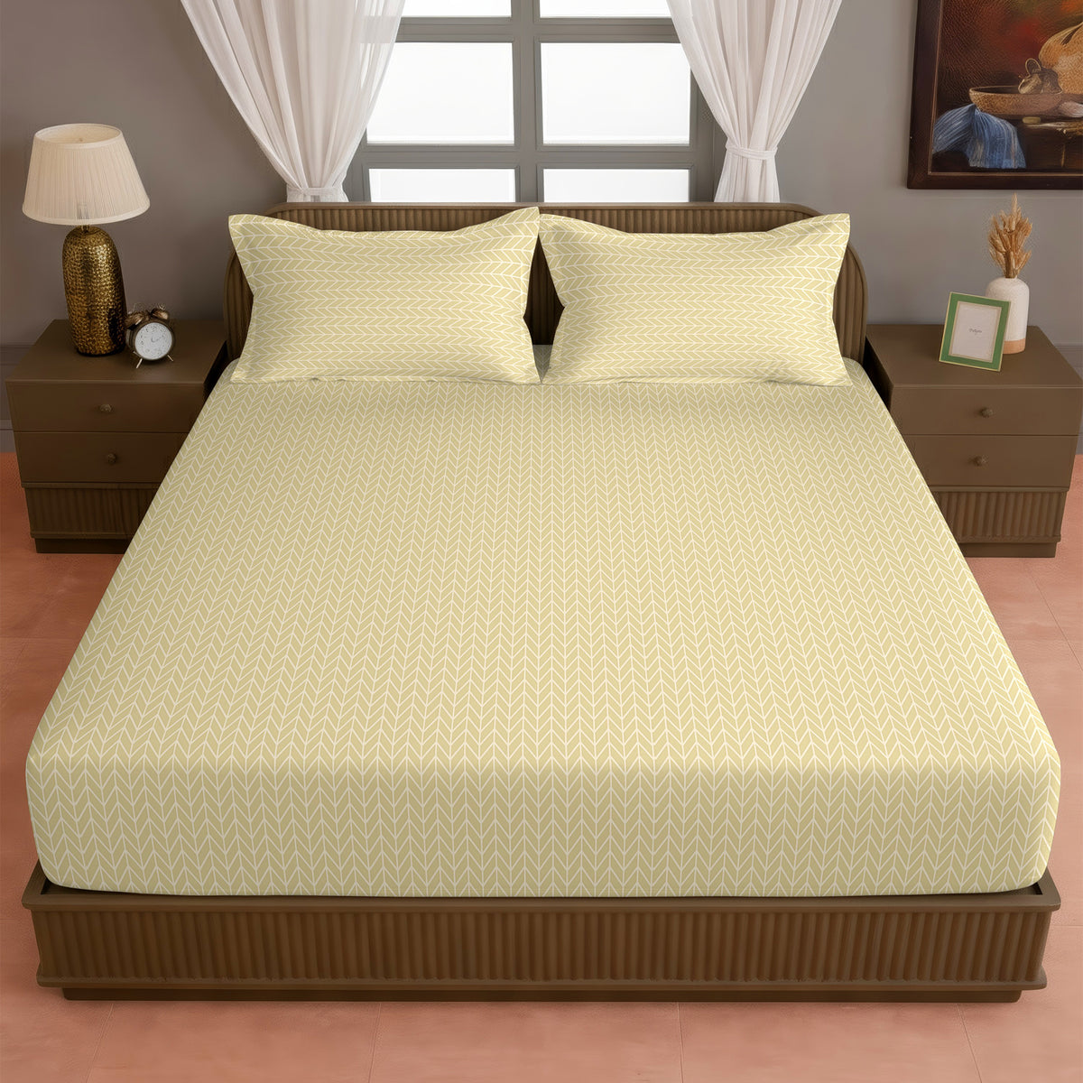 Beige Chevron Double Queen Bedsheet with 2 Pillow Covers - Minimal Everyday Style (90x100 inches)