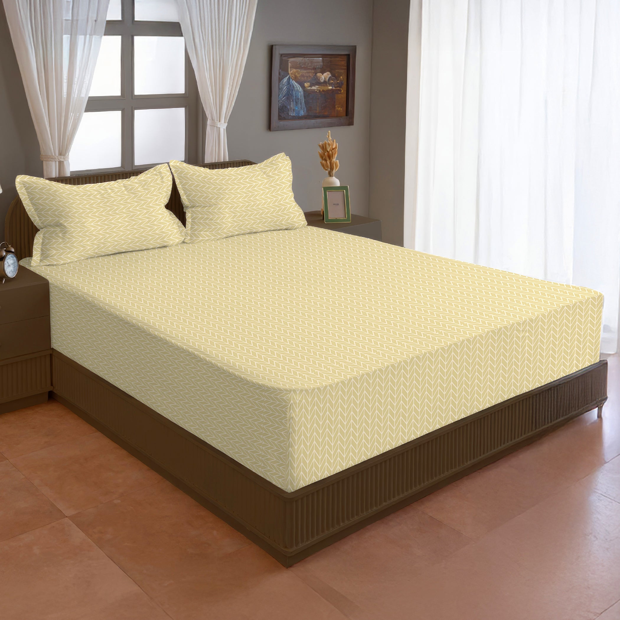 Beige Chevron King Fitted Bedsheet with 2 Pillow Covers - Minimal Everyday Style (72x78x10 inches)