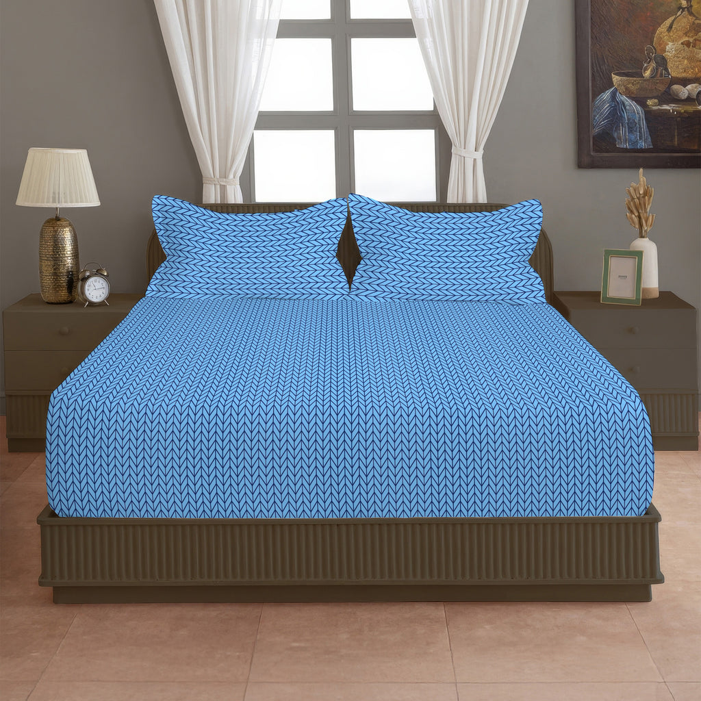 Sky Blue Minimal Chevron King Fitted Bedsheet with 2 Pillow Covers - Soft Everyday Comfort (72x78x10 inches)
