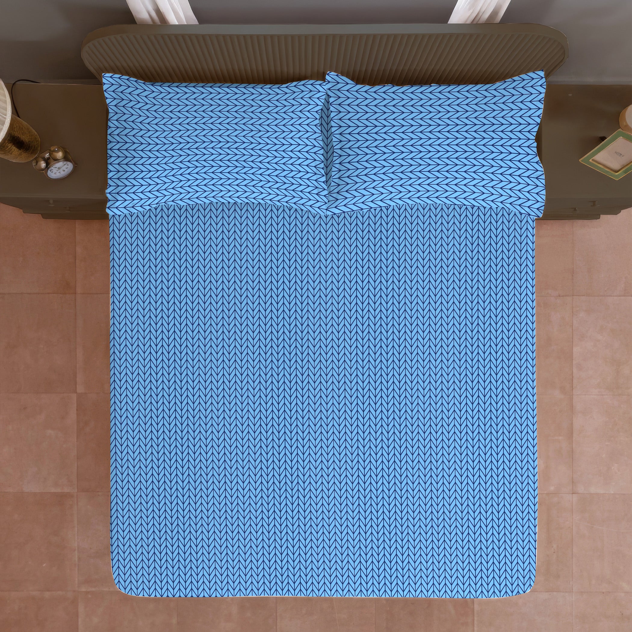 Sky Blue Minimal Chevron King Fitted Bedsheet with 2 Pillow Covers - Soft Everyday Comfort (72x78x10 inches)