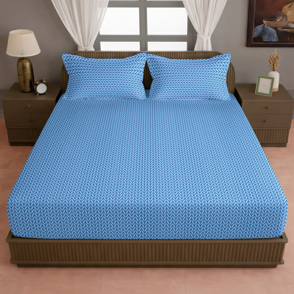 Sky Blue Minimal Chevron King Fitted Bedsheet with 2 Pillow Covers - Soft Everyday Comfort (72x78x10 inches)