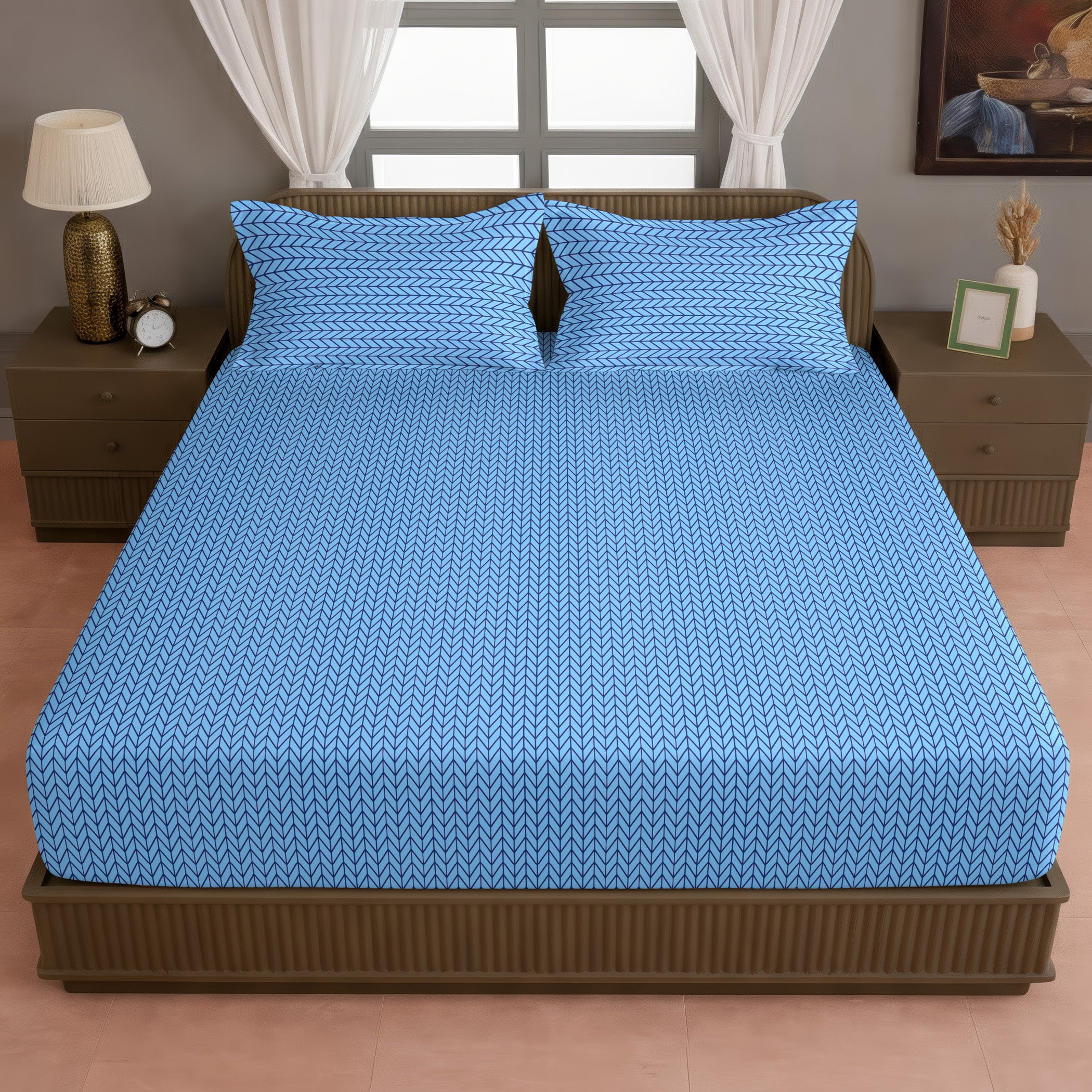 Sky Blue Minimal Chevron King Fitted Bedsheet with 2 Pillow Covers - Soft Everyday Comfort (72x78x10 inches)