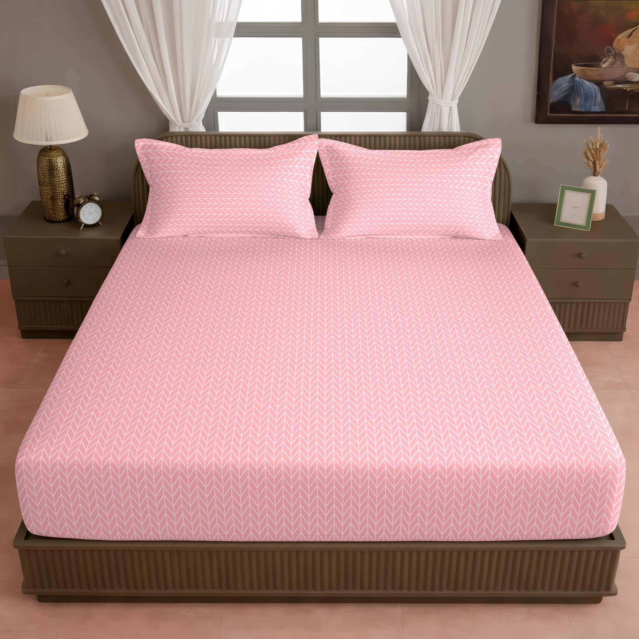 Blush Pink Minimal Geometric King Fitted Bedsheet with 2 Pillow Covers - Soft & Elegant (72x78x10 inches)