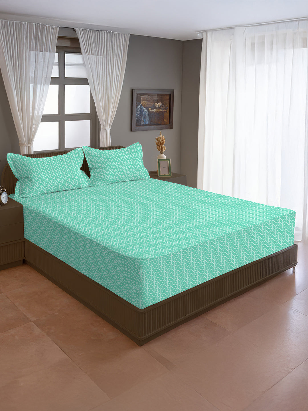 Mint Green Geometric Double Queen Bedsheet with 2 Pillow Covers - Soft & Minimal (90x100 inches)
