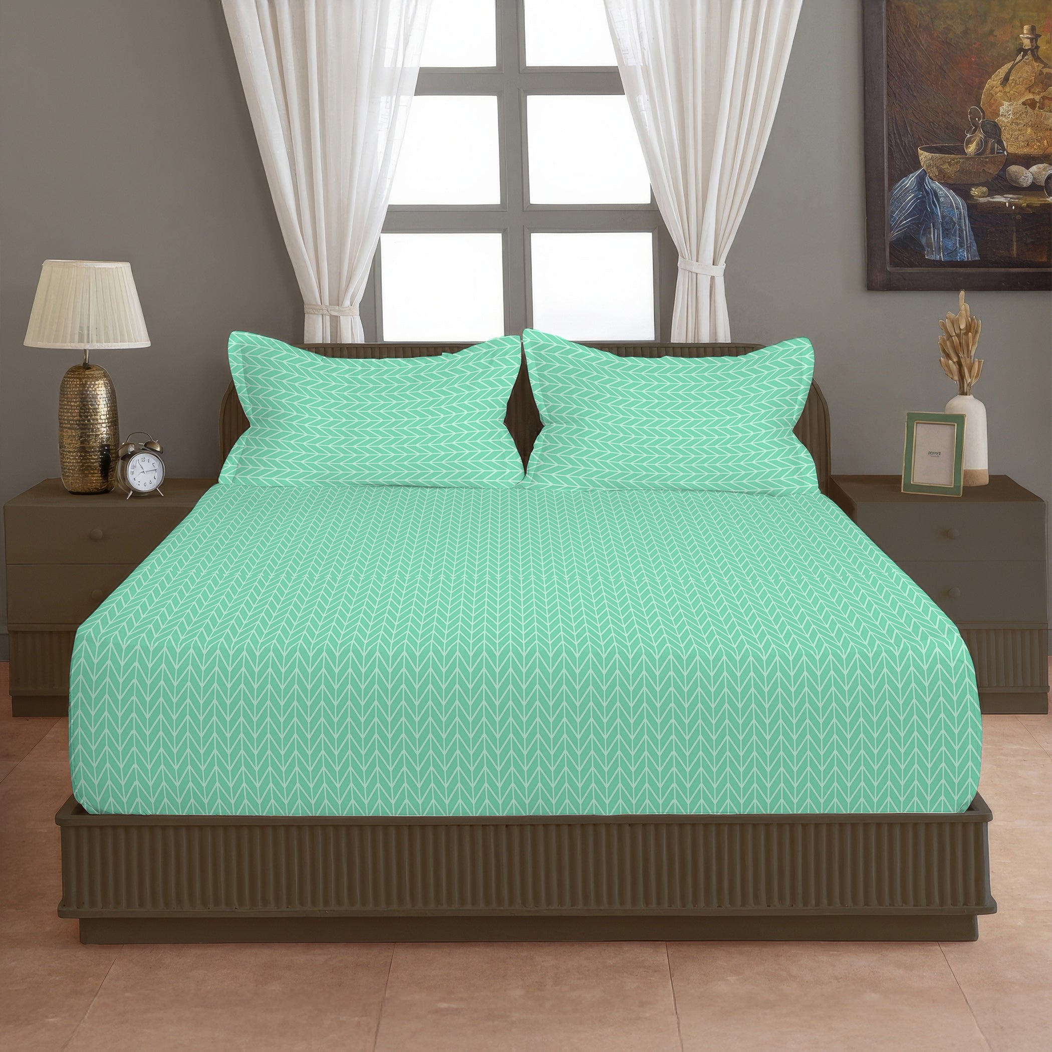 Mint Green Geometric Double Queen Bedsheet with 2 Pillow Covers - Soft & Minimal (90x100 inches)