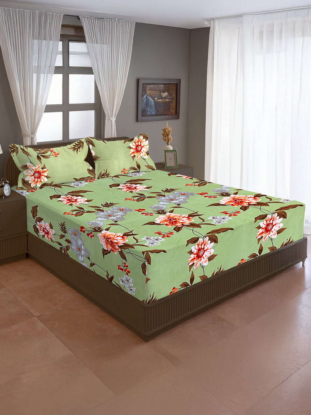 Blended Cotton Double Queen Bedsheet with 2 Pillow Covers - Floral Design, Green (90x100 inches)