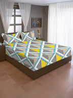Geometric Skyline Double Queen Bedsheet - Modern Abstract Design in Blue & Yellow (90x100 inches)