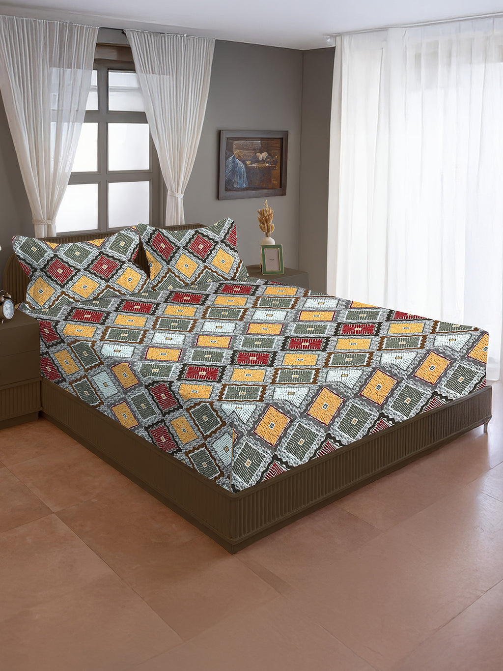 Tribal Mosaic Diamond Double Queen Bedsheet - Vibrant Multicolor Geometric Charm (90x100 inches)