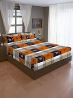 Rustic Plaid Leaf Double Queen Bedsheet - Warm Brown & Mustard Checks with Modern Leaf Accents (90x100 inches)
