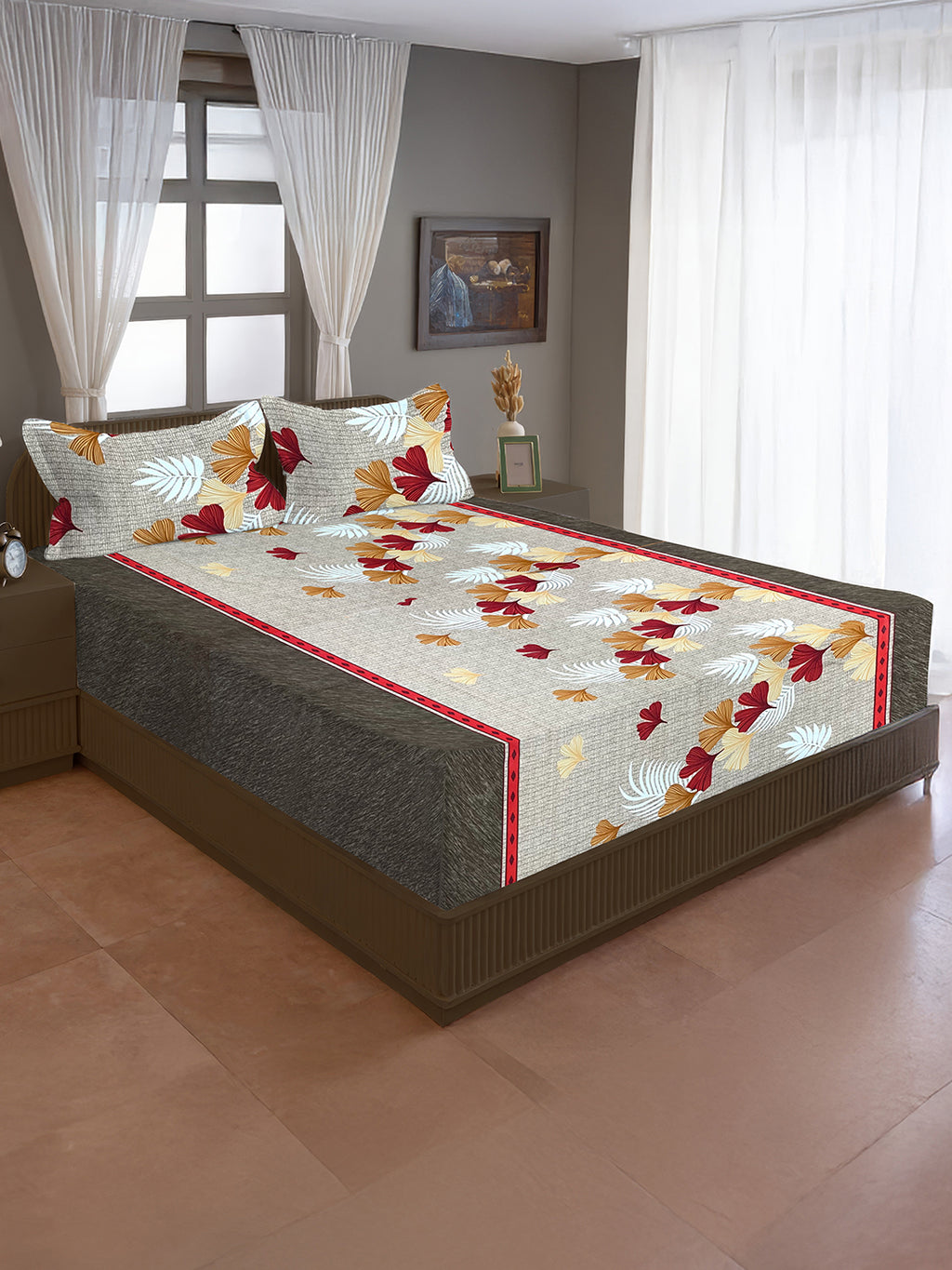 Autumn Breeze Elegance Double Queen Bedsheet - Warm Tones with Falling Leaf Motifs (90x100 inches)