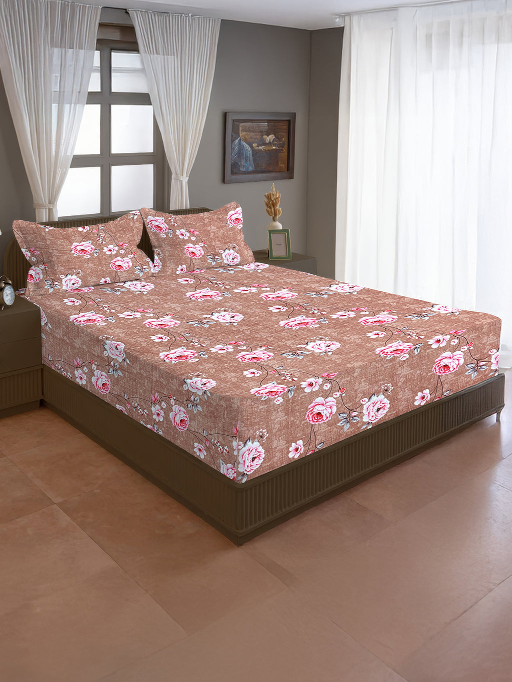 Rosy Blush Charm Double Queen Bedsheet - Soft Pink Floral Elegance for Cozy Bedrooms (90x100 inches)