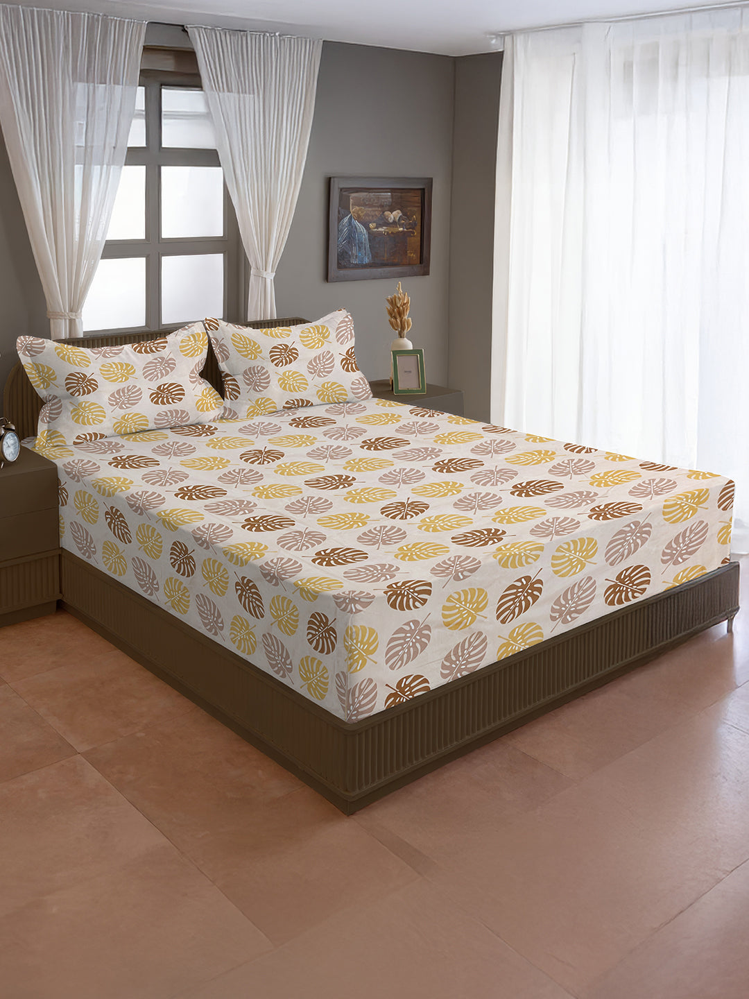 Warm Leaf Harmony Double Queen Bedsheet - Soft Comfort with Yellow & Brown Botanical Print (90x100 inches)