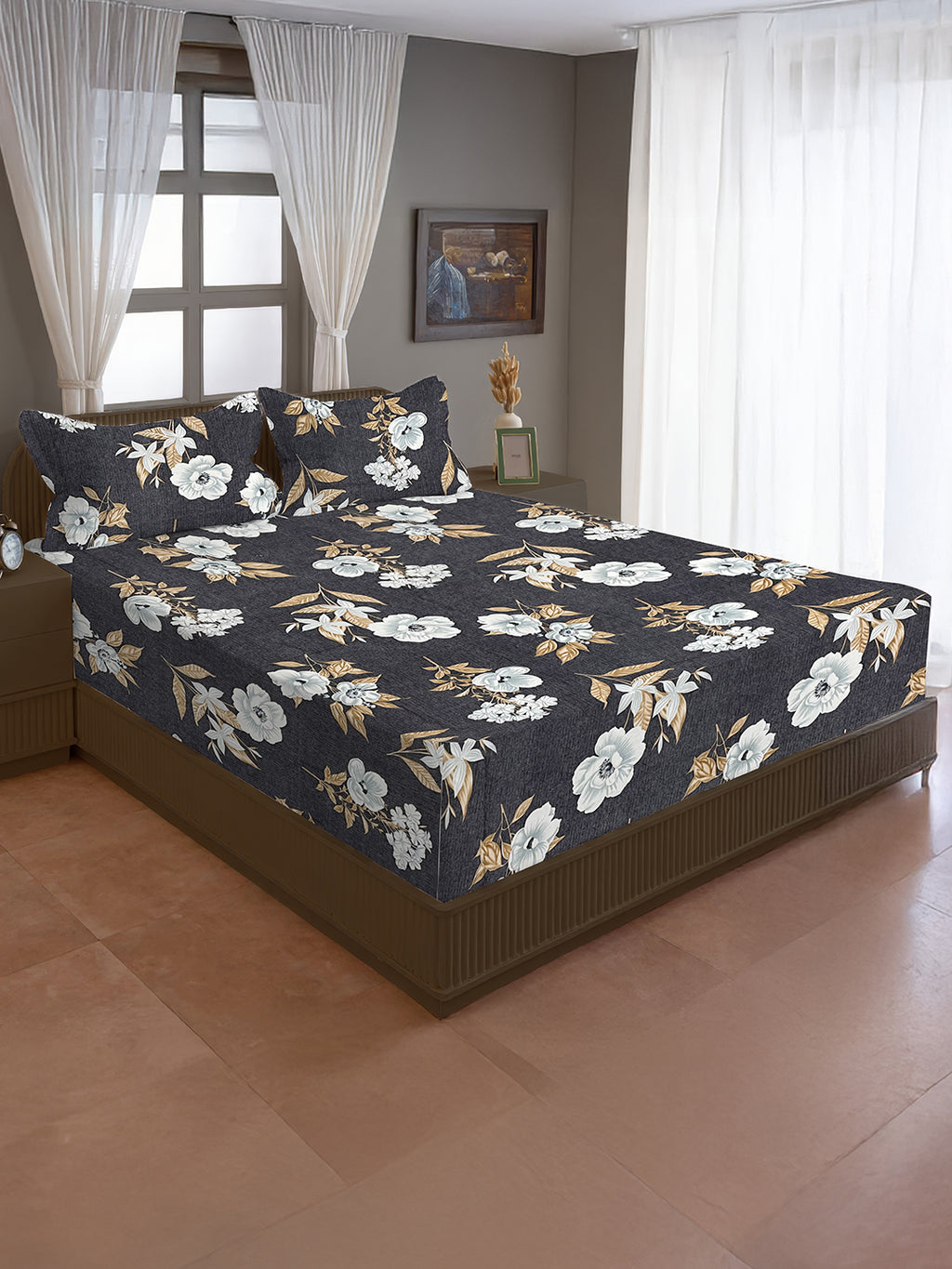 Charcoal Bloom Elegance Double Queen Bedsheet - Soft Fabric with White & Gold Floral Print (90x100 inches)