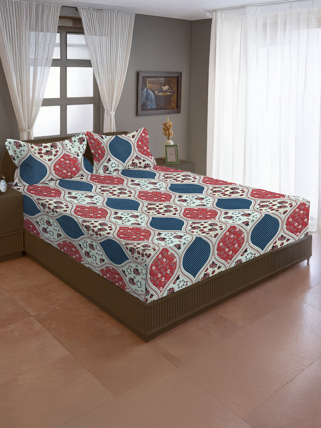 Bold Red & Blue Arch Floral Double Queen Bedsheet - Soft Cotton Feel, Vibrant Printed Design (90x100 inches)