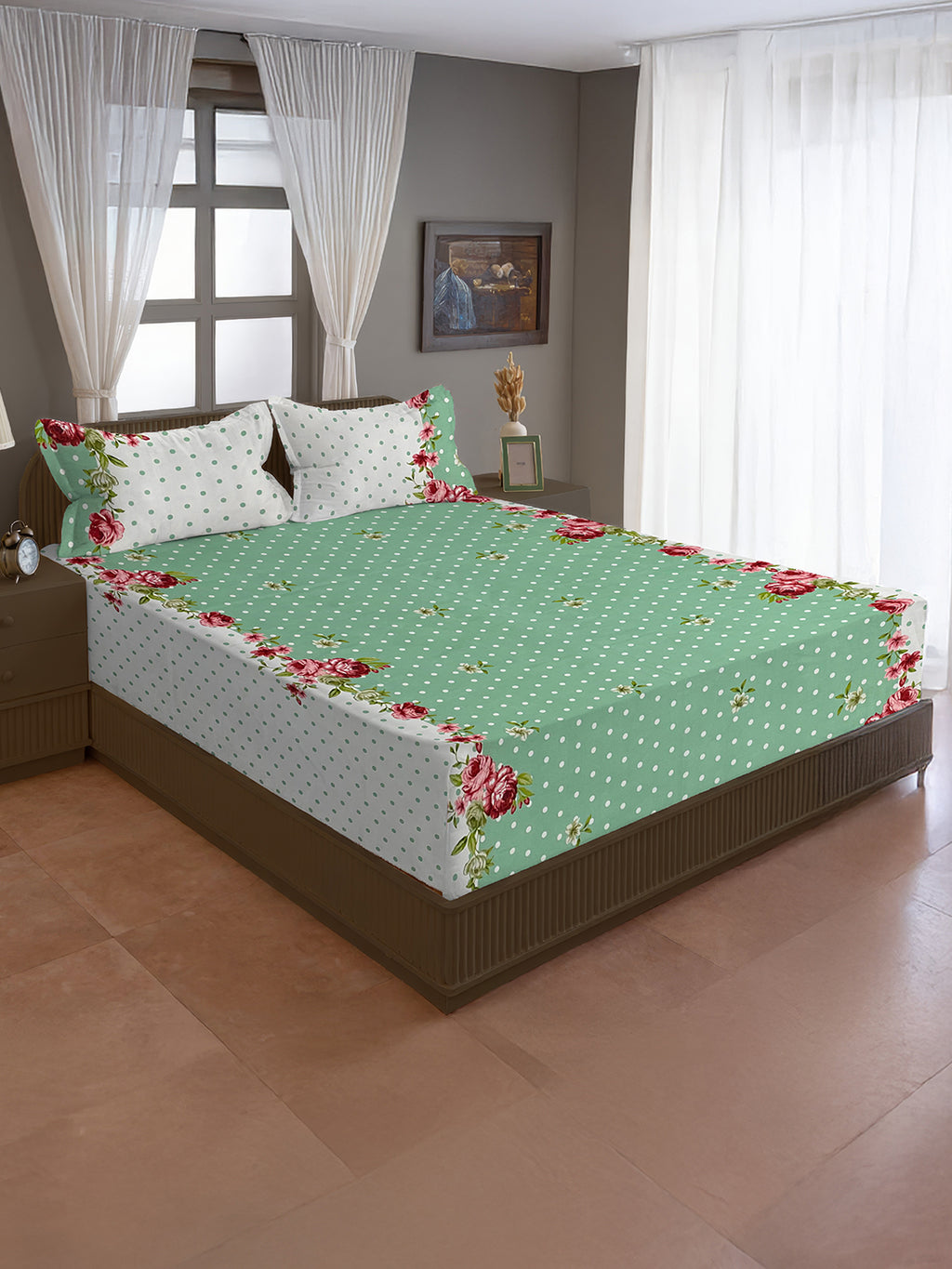 Mint Blossom Polka Blended Cotton Double Queen Bedsheet with 2 Pillow Covers (90x100 inches)