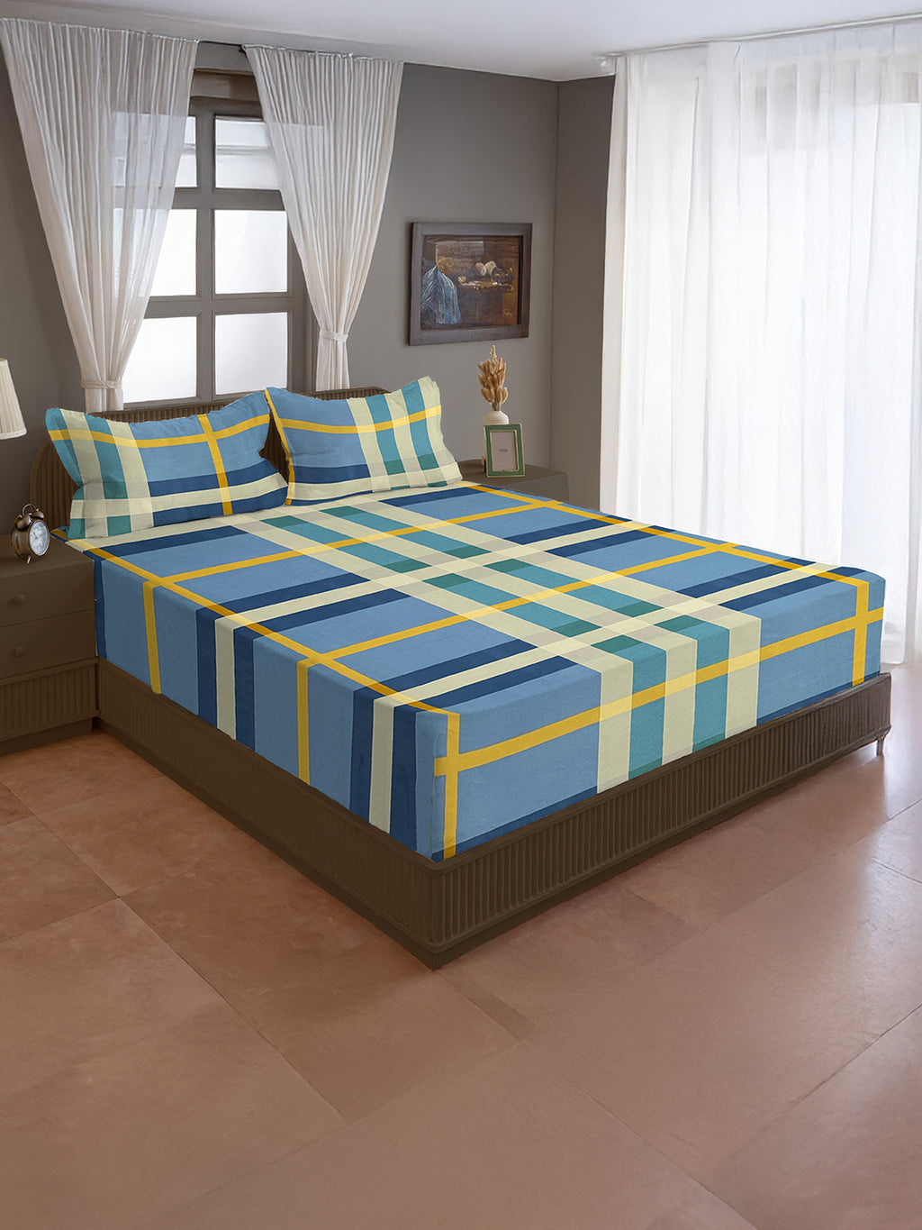 Ocean Breeze Blended Cotton Double Queen Bedsheet with 2 Pillow Covers - Modern Blue Plaid Design (90x100 inches)