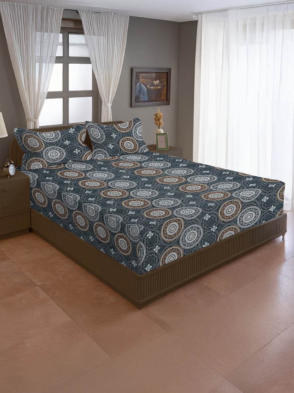 Midnight Mandala Charm Blended Cotton Double Queen Bedsheet with 2 Pillow Covers - Artistic Circular Print (90x100 inches)
