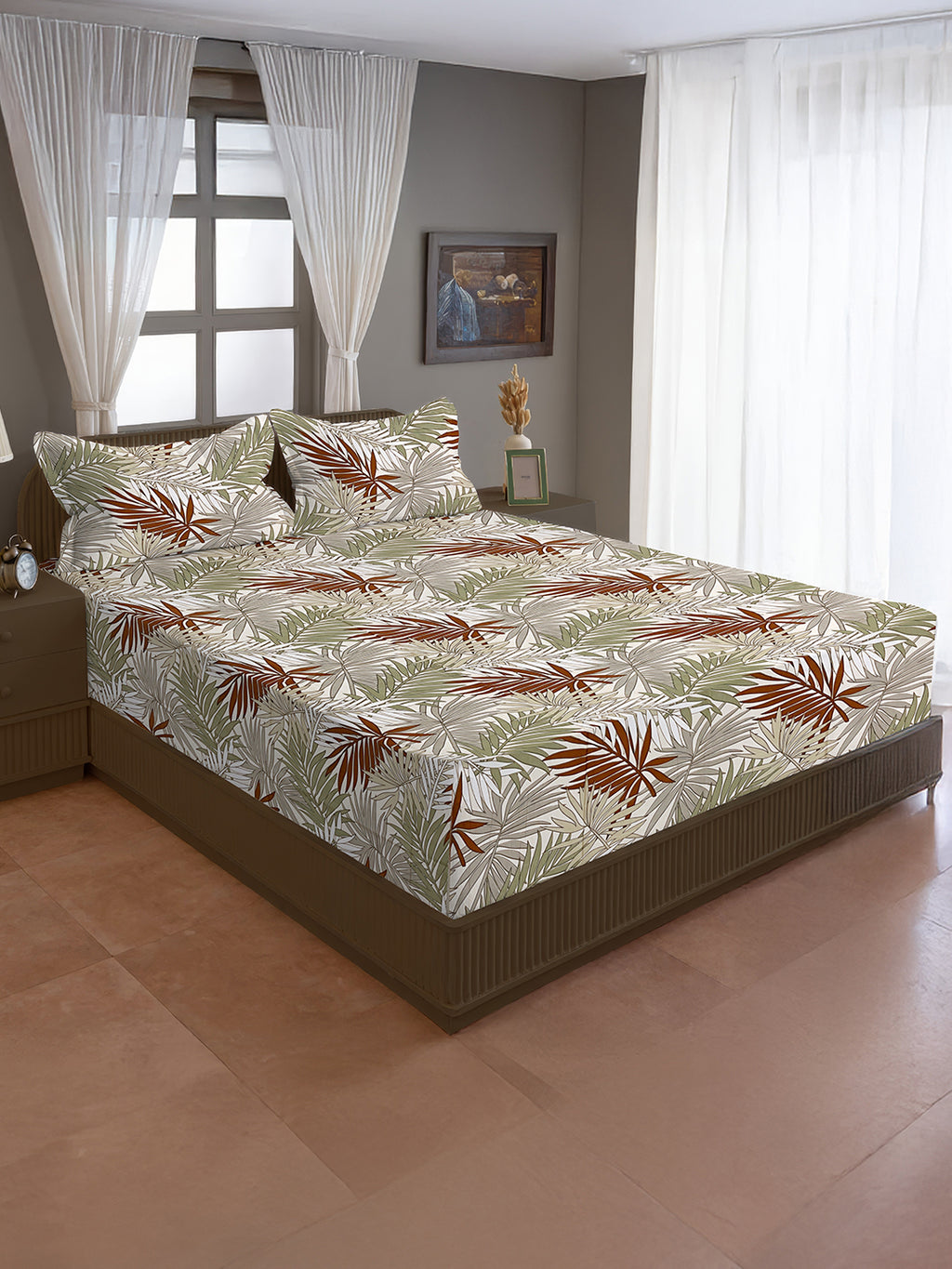 Tropical Palm Haven Blended Cotton Double Queen Bedsheet with 2 Pillow Covers - Nature-Inspired Leaf Print (90x100 inches)