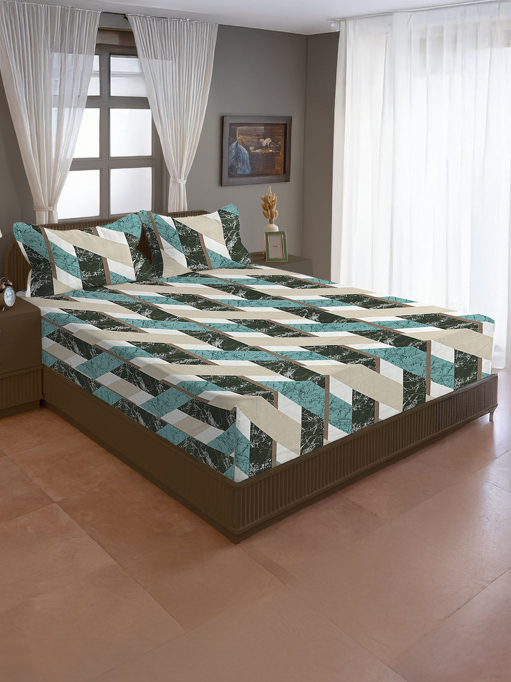 Urban Slate Mosaic Blended Cotton Double Queen Bedsheet with 2 Pillow Covers - Modern Geometric Pattern (90x100 inches)