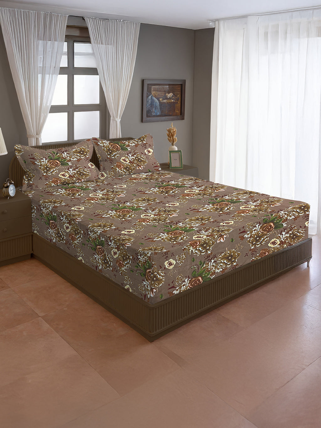 Vintage Rosewood Bloom Cotton Double Queen Bedsheet with 2 Pillow Covers - Classic Floral Elegance (90x100 inches)