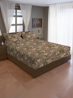 Vintage Rosewood Bloom Cotton Double Queen Bedsheet with 2 Pillow Covers - Classic Floral Elegance (90x100 inches)