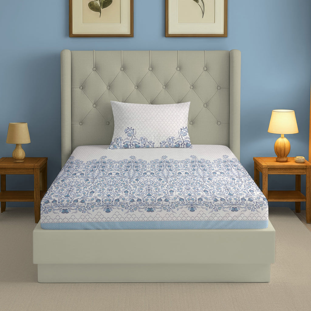 Cotton Single Bedsheet with 1 Pillow Covers 250TC - Blue & White Ethnic Floral Print (60x90 inches)